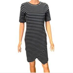 IRIS Navy Striped Bodycon Asymmetric Dress M #250B